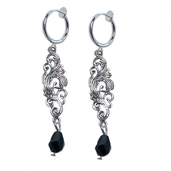 Klem -oorbellen -zilverkleur -zwart- filigraan- lang- geen gaatje- Charme Bijoux