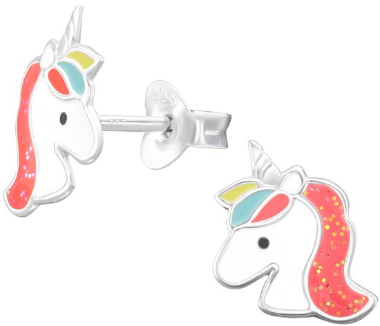 Joy|S - Zilveren eenhoorn oorbellen - 9.5 x 11.3 mm - wit roze met glitter - unicorn oorknoppen - kinderoorbellen