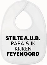 Slabbetje met tekst - Stilte AUB papa en ik kijken Feyenoord - Wit/zwart | 100% katoen - Incl. hoogwaardige Klittenband sluiting - Kraamcadeau - Babyshower - Slabber