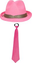 Toppers - Carnaval verkleedset Pinkman - hoed en party stropdas - roze - heren/dames - verkleedkleding accessoires