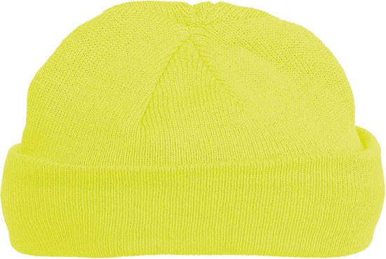 Gele beanie muts van gebreid acryl met omgeslagen rand.