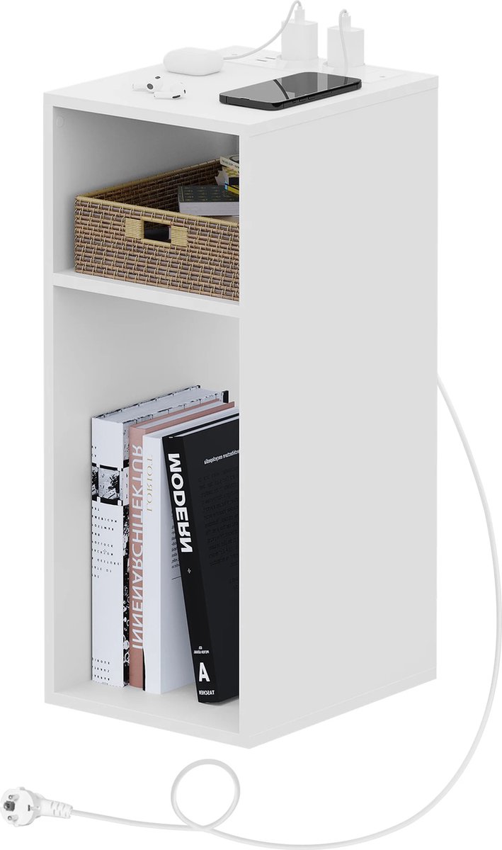 BukkitBow - Smal Nachtkastje - Bijzettafel / Bijzetkastje met Oplaadfunctie - Smalle bijzettafel met 2 Stopcontacten en 2 USB Poorten - Inclusief 2 Open Vakken voor Opbergruimte - Wit