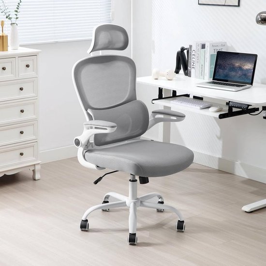 Marsail Ergonomische bureaustoel met 3D-hoofdsteun en 3D-lendensteun, ergonomisch met flip-up-armleuningen, 90-120° kantelvergrendeling en dik zitkussen, tot 136 kg belastbaar