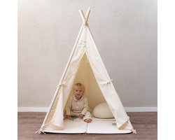 Sunny Alba Tipi Tent Crème/Wit voor kinderen - Wigwam Speeltent met ramen van katoen - Tipi tent kinderen met Kussen kleed - 120x120x160cm - Stokken FSC hout