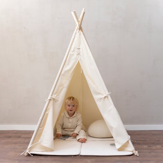 Sunny Alba Tipi Tent Crème/Wit voor kinderen - Wigwam Speeltent met ramen van katoen - Tipi tent kinderen met Kussen kleed - 120x120x160cm - Stokken FSC hout