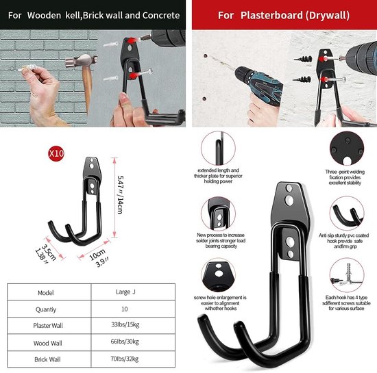 Foto: Garagehaken garage opslag haken 10 stuks muurhaken ladderhaken voor opslag opknoping organiseren elektrisch gereedschap ladder bulk artikelen zwart 