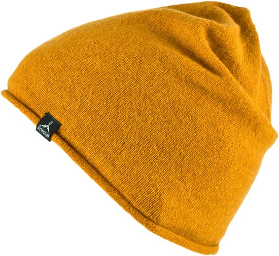 Foto: Altidude edge deep yellow unisex opgerolde rand normale pasvorm dubbele laag buitenkant 80 scheerwol lamswol 20 polyamide voering 100 scheerwol merino 