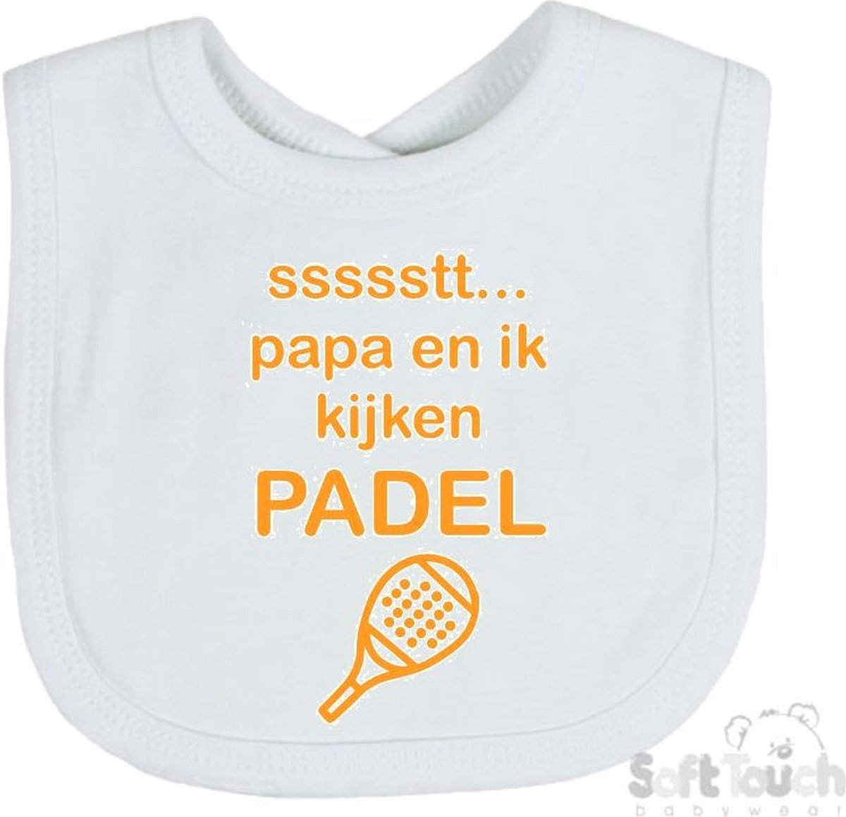 Goedkoopste Soft Touch Slabber Slabbetje Slab ssssstt.. Papa en ik kijken Padel Padellen Unisex Katoen Wit/mosterd Maat 33x22 Cm