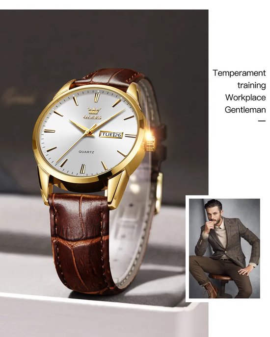Olevs - Montre homme - Bracelet cuir - Montre-bracelet - Homme - Cadeau - Montre - Coffret cadeau - Homme - blanc et or - bracelet marron