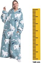 Ijsbeer fleece deken met mouwen en capuchon – fleece hoodie – EXTRA lang - fleece kleed met capuchon en mouwen – hoodie blanket - maat XS t/m XL – TV plaid met mouwen - 140 cm - chillen – relax outfit– grijs/blauw - Badrock