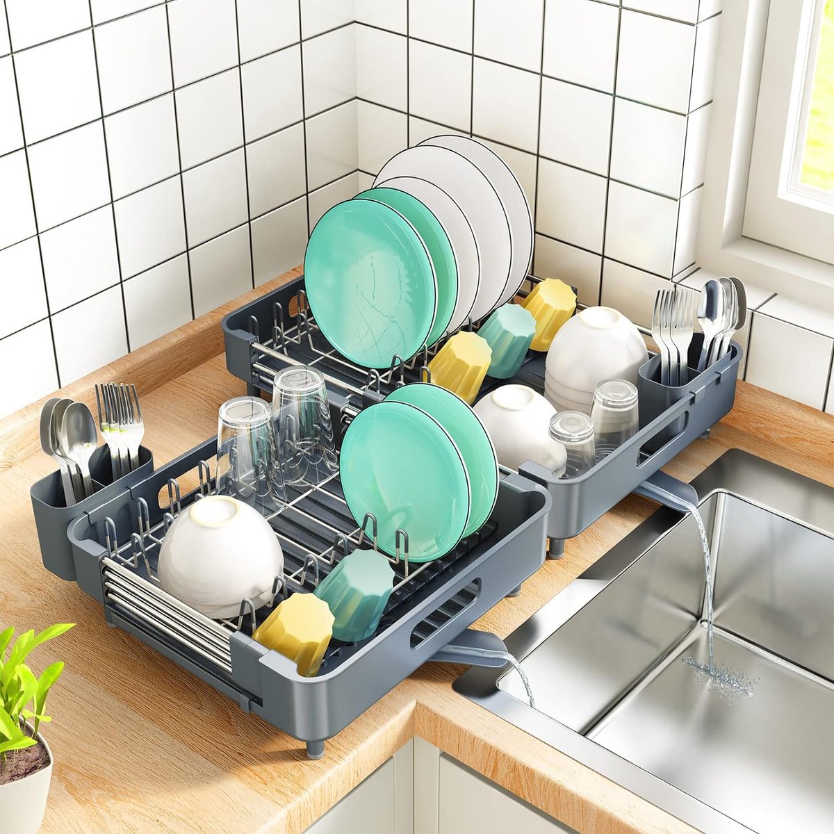 Goedkoopste Afdruiprek, Keukenschotel Droogrek, Uitbreidbaar (33,5 cm-50 CM) RVS Spoelbak Organizer Afdruiprek en Afvoerbord Set met Gebruiksvoorwerp Houder Bekers Houder voor Keuken Aanrecht (Grijs