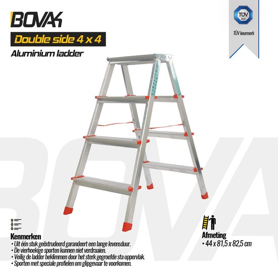 Dubbele aluminium trap met 4 treden, rode accenten en rode spanband.