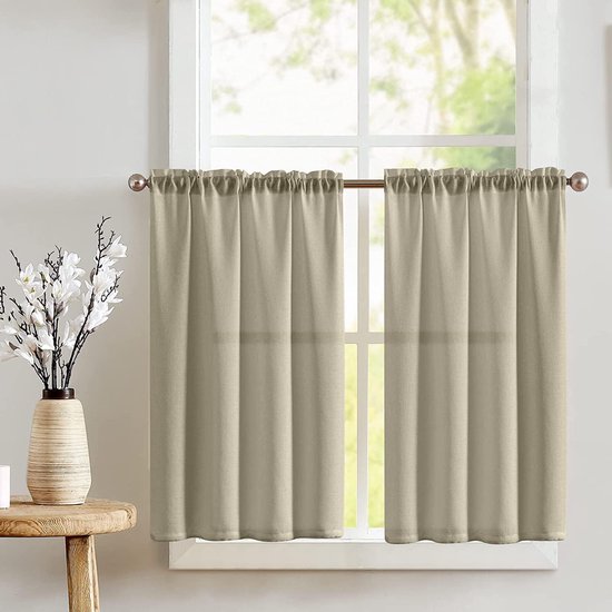 Vitrage, linnenlook, bistrogordijn, bruin gordijn, raamgordijn, gaas, paar, sjaals, vitrage, raamgordijn voor keuken, woonkamer, landhuis, set van 2, 90 x 115 H (cm) taupe