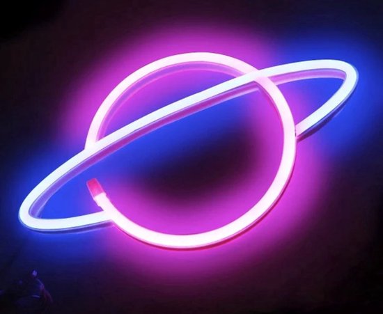Groenovatie LED Neon Wandlamp "Planeet" - Op Batterijen en USB - 30x18x2cm - Blauw/Roze
