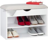 Schoenenbank, gewatteerde garderobebank, 3 vakken, openklapbaar, schoenenrek met zitvlak, 45 x 62 x 30 cm, wit, hout, 1 stuk