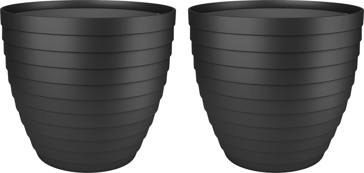Juypal Bloempot/plantenpot Florenzia - 2x - zwart - kunststof - D25 x H22,3 cm - voor buiten/binnen