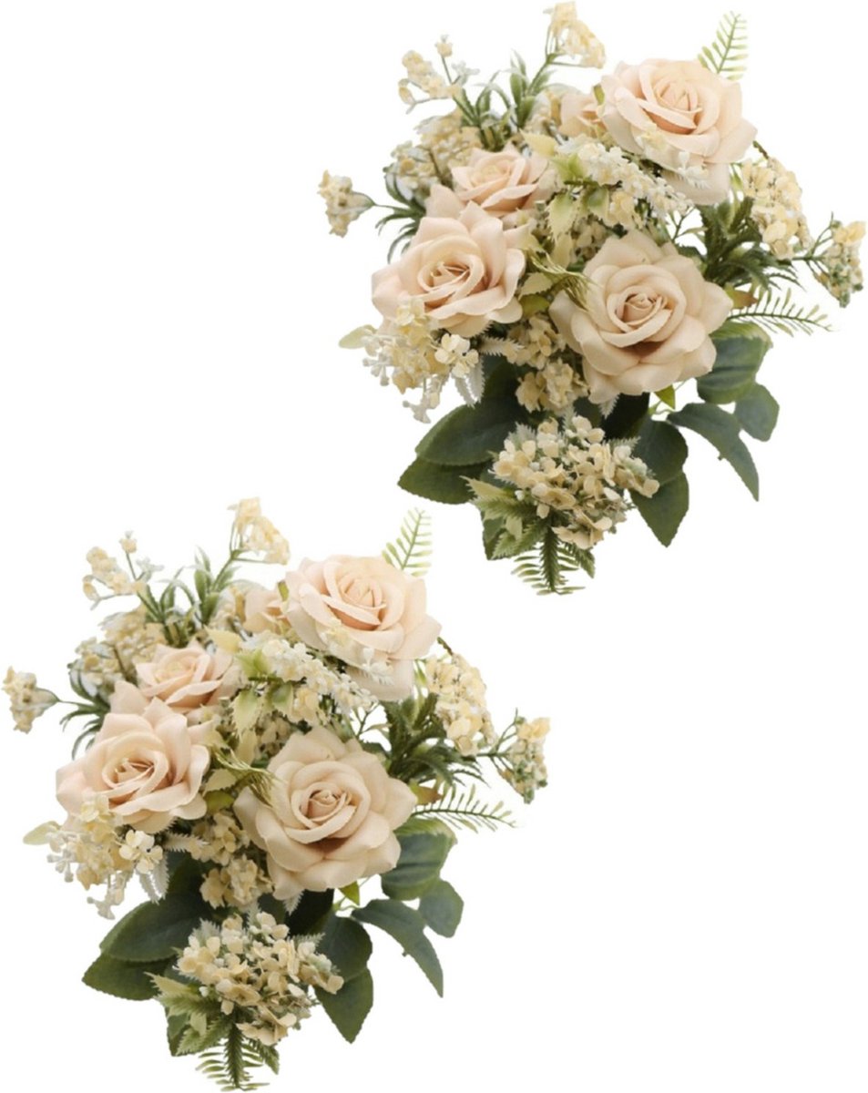 Chaks Rozen kunstbloemen boeket - 2x - ivoor/zalm kleurig - H41 cm