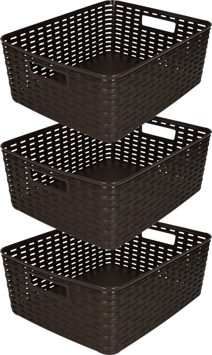 PlasticForte Opbergmand/kastmandje - 3x - 12 liter - bruin - geweven kunststof - 36 x 28 x 13 cm