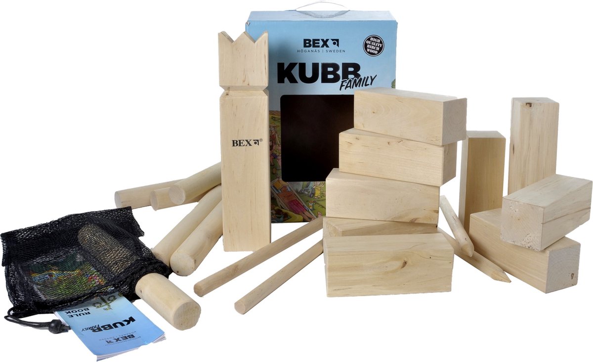 Bex Kubb Family – Zweeds Vikingschaak – Duurzaam Buitenspel – FSC Berkenhout – Koning Met Houtkleurige Kroon – Vanaf 8 Jaar – Inclusief Opbergnet Met Trekkoord — afbeelding 7
