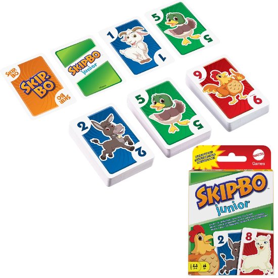 Kaarten en doos van Skip-Bo Junior met boerderijdieren.