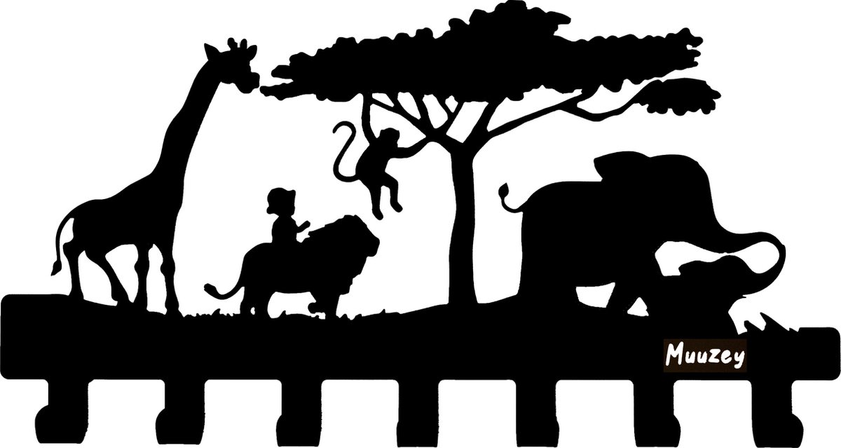 Muuzey Kinderkapstok – Jungle - Safari - Kinderkamer - Babykamer kapstokken - Zwarte wandkapstok - Kapstok kinderkamer - Babykamer - Babykamer accessoires - Kinderkapstok haakjes - Dieren kapstok - Met bevestigingsmateriaal - 7 Haken