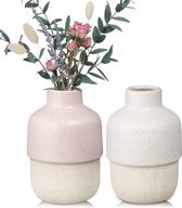 Keramische vaas, kleine vazen voor tafeldecoratie, bloemenvaas, modern, vaas wit en roze, handgemaakte vazen, leuke kleurenmix vazenset voor woondecoratie, vensterbanken, woonkamer, in set van 2
