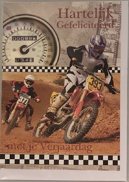 Hartelijk gefeliciteerd met je verjaardag! Als motorcross helemaal jouw ding is, dan is dit deze kaart iets voor jou met een afbeelding van twee leuke motoren. Een dubbele wenskaart inclusief envelop en in folie verpakt.