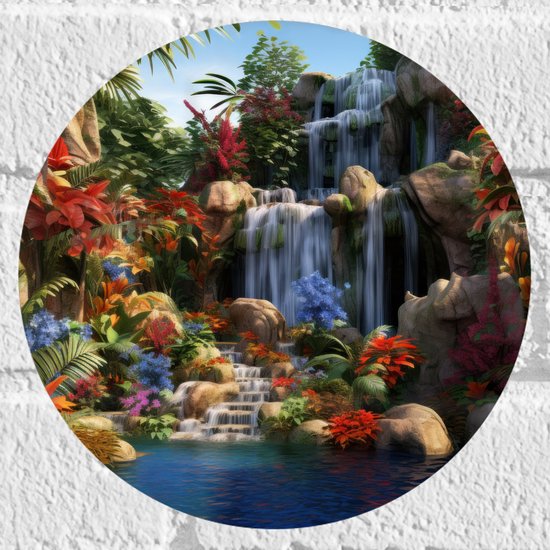 Muursticker Cirkel - Waterval - Bloemen- Kleuren - Planten - 20x20 cm Foto op Muursticker