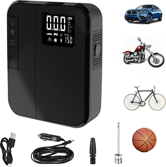 Mini Pompe à Air Électrique, 6000mAh Mini Compresseur à Air Portatif,  150PSI Pompe Velo Electrique avec écran LCD Numérique, Gonfleur Electrique Pneu  sans Fil avec Lampe LED pour Voiture, Velo, Moto 