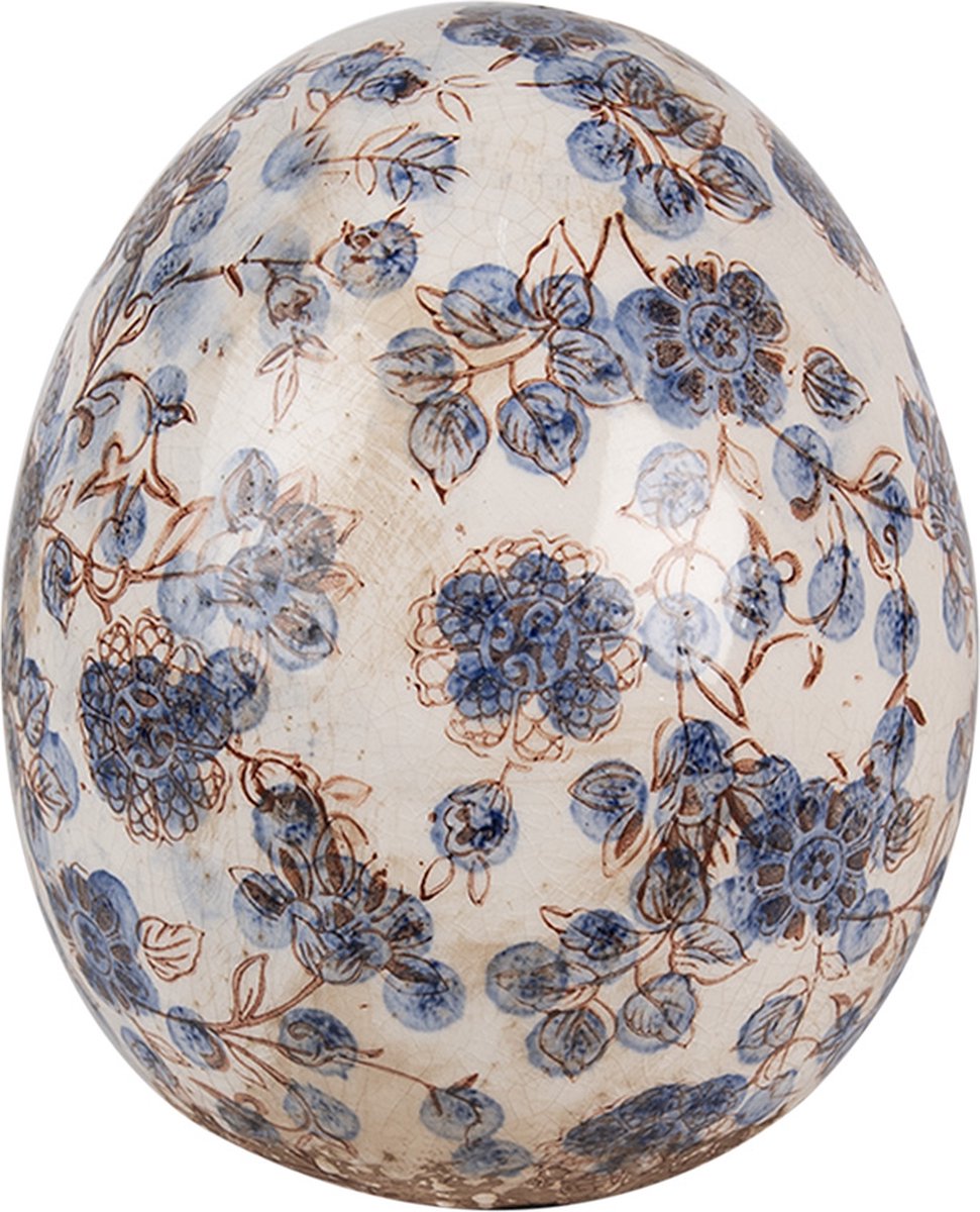 Decoratie Ei Ø 14x16 cm Beige Blauw Keramiek Bloemen