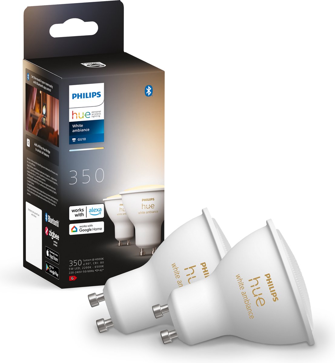 Philips Hue Slimme Lichtbron GU10 Duopack - warm tot koelwit licht - 5W - Bluetooth - 2 Stuks - Philips Hue