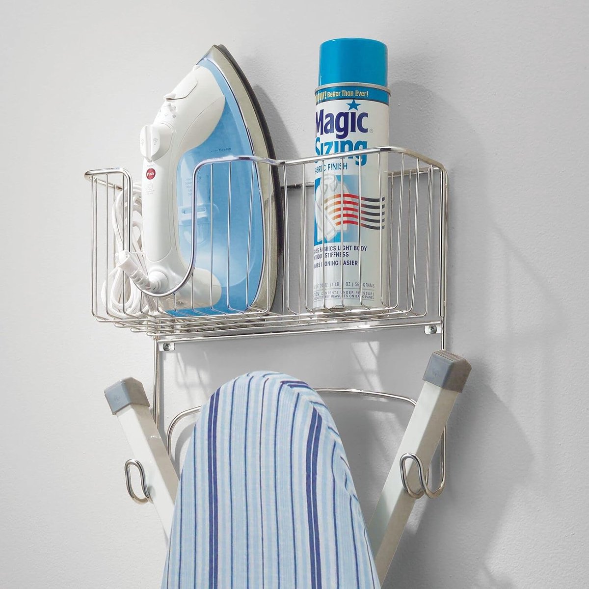 Goedkoopste strijkplank houder- Strijkplankhouder - strijkplankrek - metaal/wandmodel/praktisch/met opbergmand - chroom