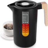 Thermosfles, 1 liter, RVS 304, vacuüm koffiepot met houten handvat, RVS dubbelwandige isoleerkan (sneldruksluiting, 12 uur warm, 24 uur koud)
