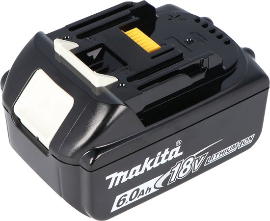 Zwart Makita 18V 6.0Ah lithium-ion accu met gele en witte ontgrendelingsknoppen.