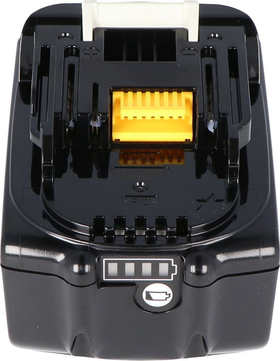 Bovenaanzicht van een zwarte Makita 18V 6.0Ah lithium-ion accu met gele connector en batterij indicator.
