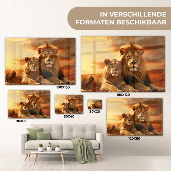 MuchoWow® Peinture sur verre 120x80 cm - Peinture sur verre - Lions - Coucher de soleil - Afrique - Savane - Animaux - Photo sur verre acrylique - Peintures