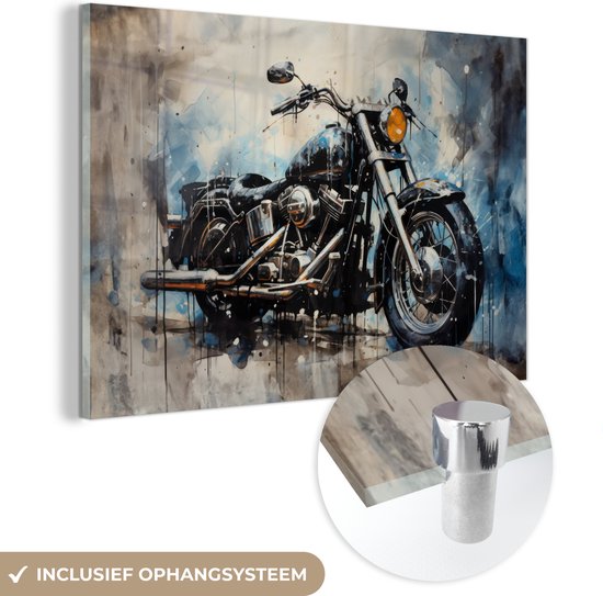 MuchoWow® Glasschilderij 150x100 cm - Schilderij glas - Motor - Bike - Blauw - Pastel - Wit - Foto op acrylglas - Schilderijen
