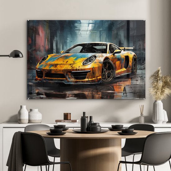 MuchoWow® Glasschilderij 120x80 cm - Schilderij acrylglas - Auto - Geel - Verf - Abstract - Foto op glas - Muurdecoratie woonkamer - Wanddecoratie slaapkamer - Schilderijen