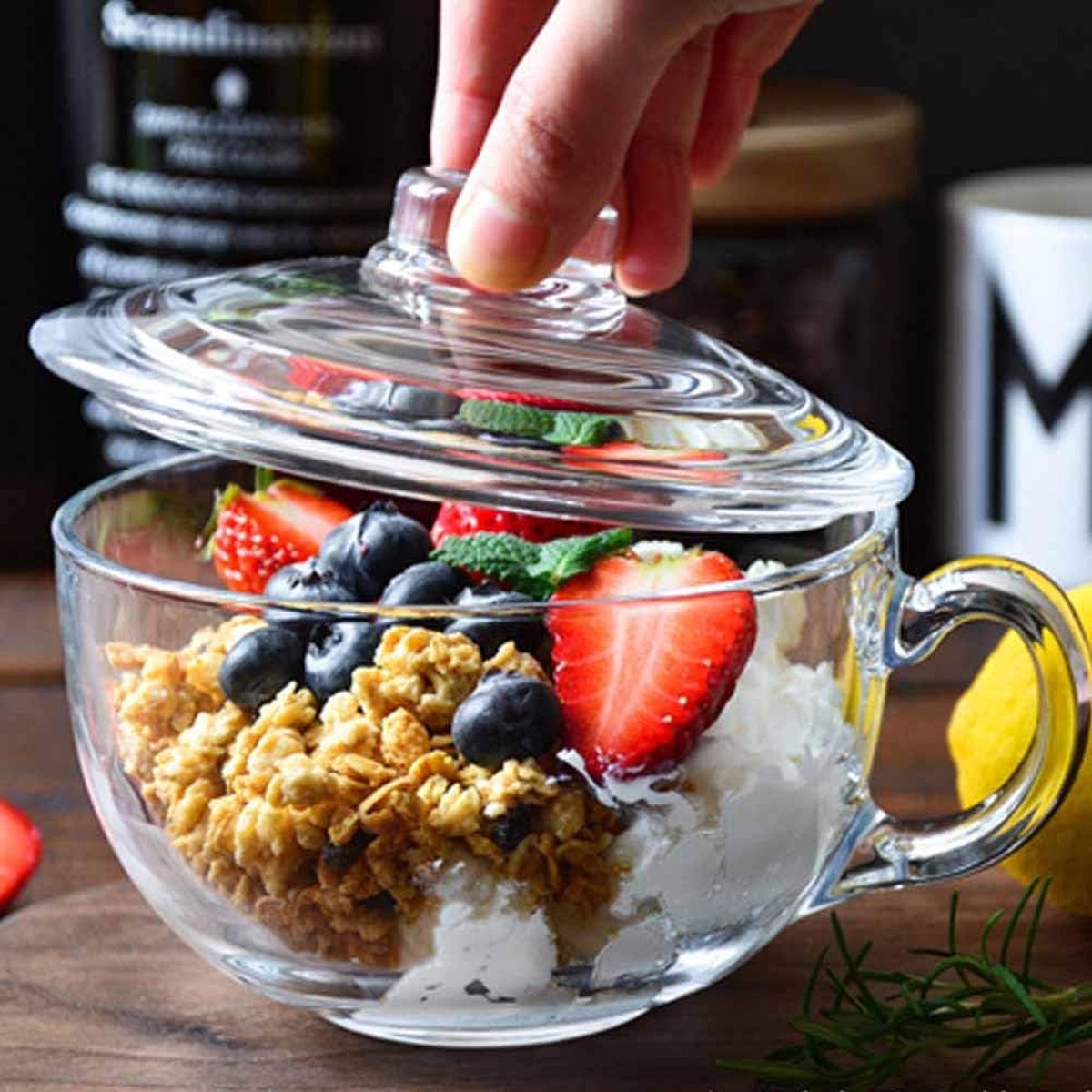 Glazen kom Glazen kom met deksel magnetron Bowl hittebestendige kom wit huishoudelijke vierkante magnetron kom met deksel dessertkom schaal