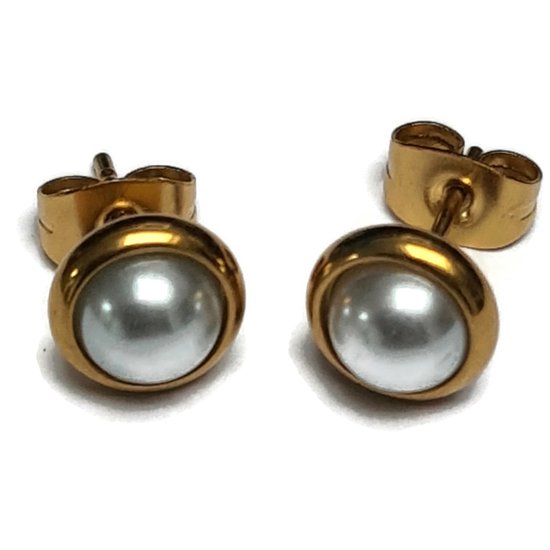 Aramat jewels ® - Parel zweerknopjes oorbellen wit goudkleurig chirurgisch staal 8mm