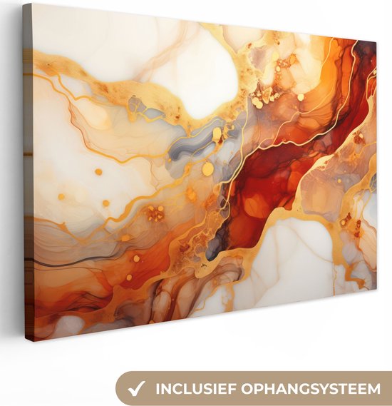 Canvas schilderij 140x90 cm - Wanddecoratie Marmer - Oranje - Goud - Modern - Abstract - Muurdecoratie woonkamer - Slaapkamer decoratie - Kamer accessoires - Schilderijen