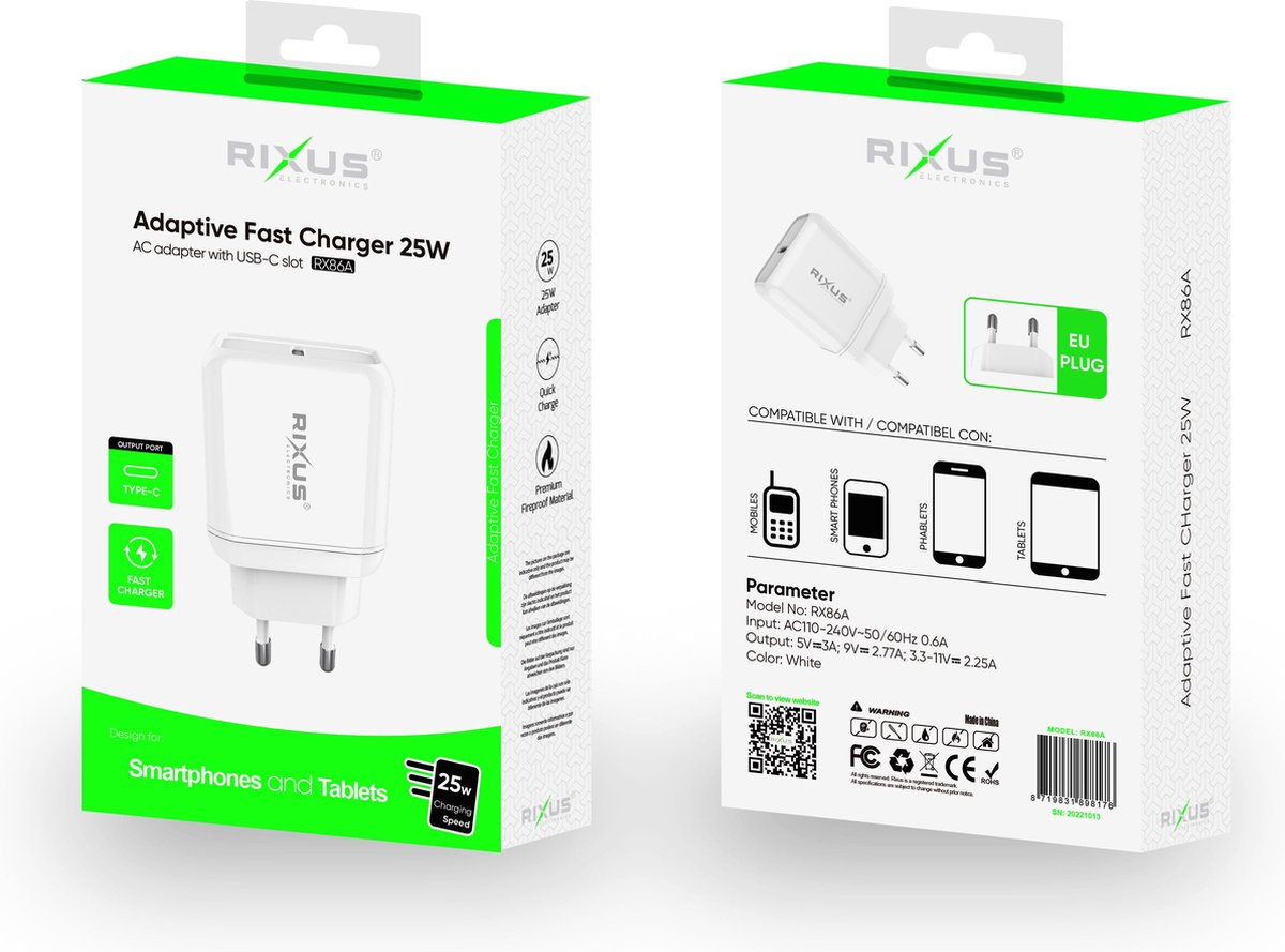 Rixus - Adaptive Fast Charger 25W - USB naar USB -C oplaadblokje - iPhone/MacBook - Laptop/telefoon - Geschikt voor MacBook 12 -inch/air/pro/Retina - iPhone 11/12/13/14/SE/X/XRR /XS - MC207LL/A/MC516LL/A - Chargers
