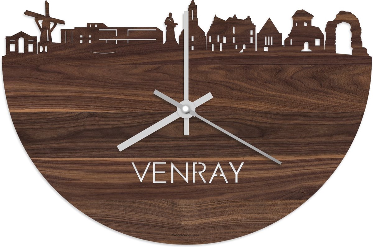 Skyline Klok Venray Notenhout - Ø 40 cm - Stil uurwerk - Wanddecoratie - Meer steden beschikbaar - Woonkamer idee - Woondecoratie - City Art - Steden kunst - Cadeau voor hem - Cadeau voor haar - Jubileum - Trouwerij - Housewarming - WoodWideCities
