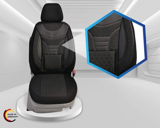 Stoelhoezen voor bestuurder en passagiers, set compatibel met camper FIAT Ducato, Pössl, Knaus, Adria, Carthago, Pilote Laika WPL401, zwart/grijs