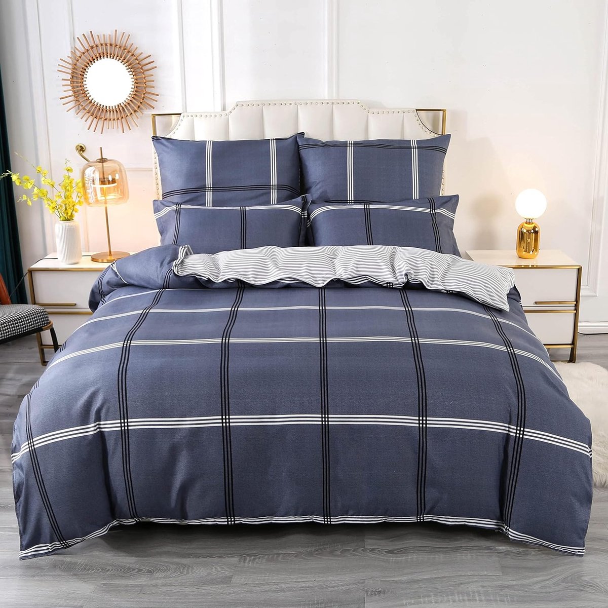 Microvezel beddengoed, dekbedovertrek, 155 x 220 cm, 4-delig, met ritssluiting, zacht geruit, 2 dekbedovertrekken 155 x 220 cm + 2 kussenslopen 80 x 80 cm (stijl 10)