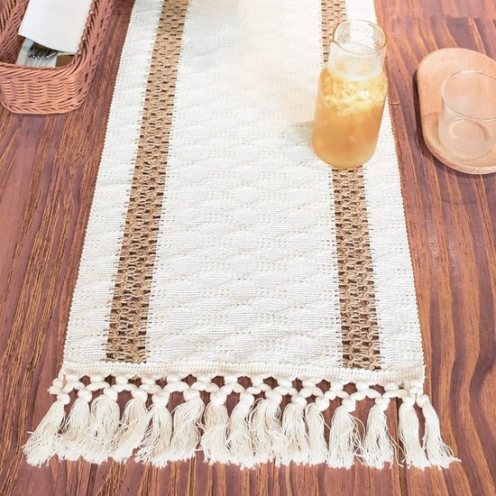 Tafelloper Bruin 30 X 140 Cm - Boho Decoratie Met Macramé Kwastjes Voor Landelijke Stijl