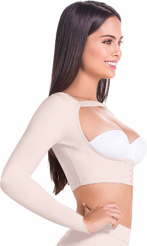 Foto: Mariae fl102 colombiaan faja armlipo vest met lange mouw fu102l armlipo compressievest te dragen na een armlipo of armlift kleur beige maat l