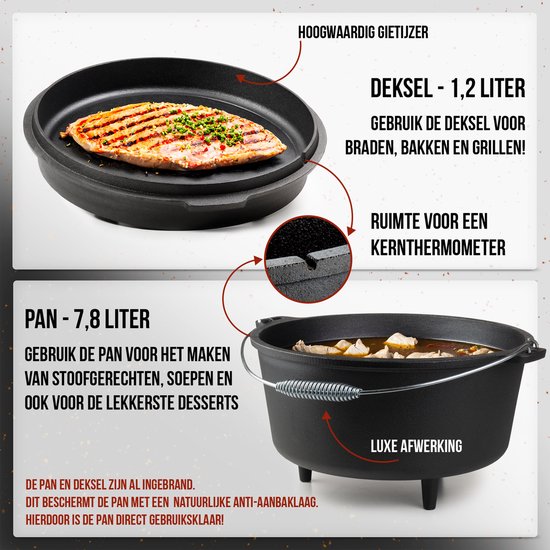 IRONO Dutch Oven - Pan Gietijzer - 9 Liter - Gietijzeren Pan BBQ 5-delig - Multifunctionele Kookset - Braadpan Gietijzer met Deksellifter - Bakpan - Kookpan - Outdoor Cooking - Moederdag Cadeautje - Moederdag Geschenkset - IRONO