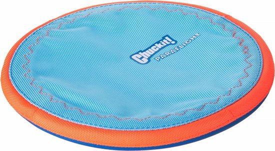 Chuckit! Paraflight, blauwe frisbee met oranje rand.