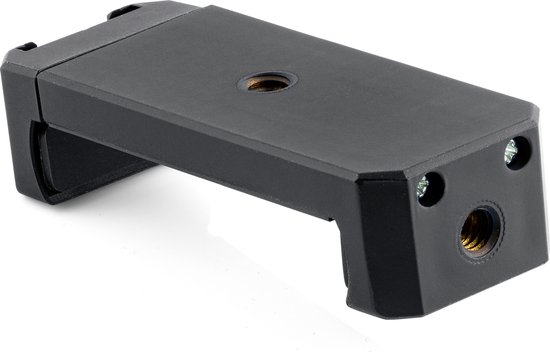 Zwarte MOJOGEAR universele telefoonhouder voor statief met cold shoe mount. De houder heeft schroefdraad aan de onderkant en zijkant.